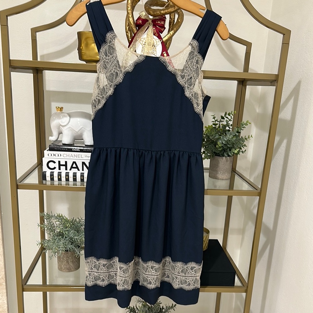 Navy Blue Midi Dress with Lace Accents